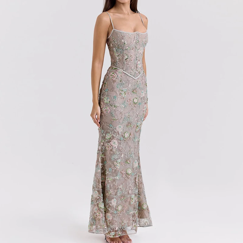 새로운 분위기의 오프숄더 롱 드레스, 패션 프린트 민소매 비치 드레스, 봄 여름 로우컷 하이웨이스트 여성 파티 드레스