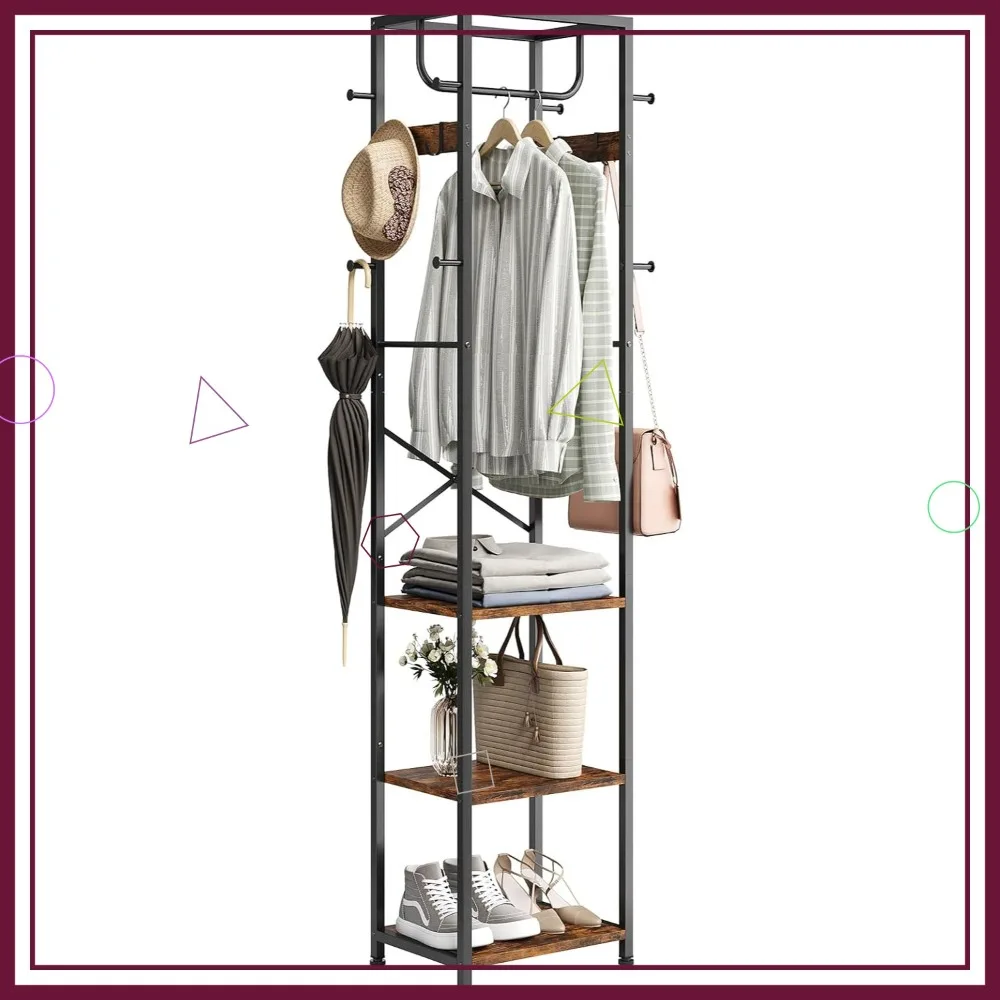 

Напольная вешалка для одежды с 3 полками и 12 крючками, в индустриальном стиле, для спальни, прихожей, офиса