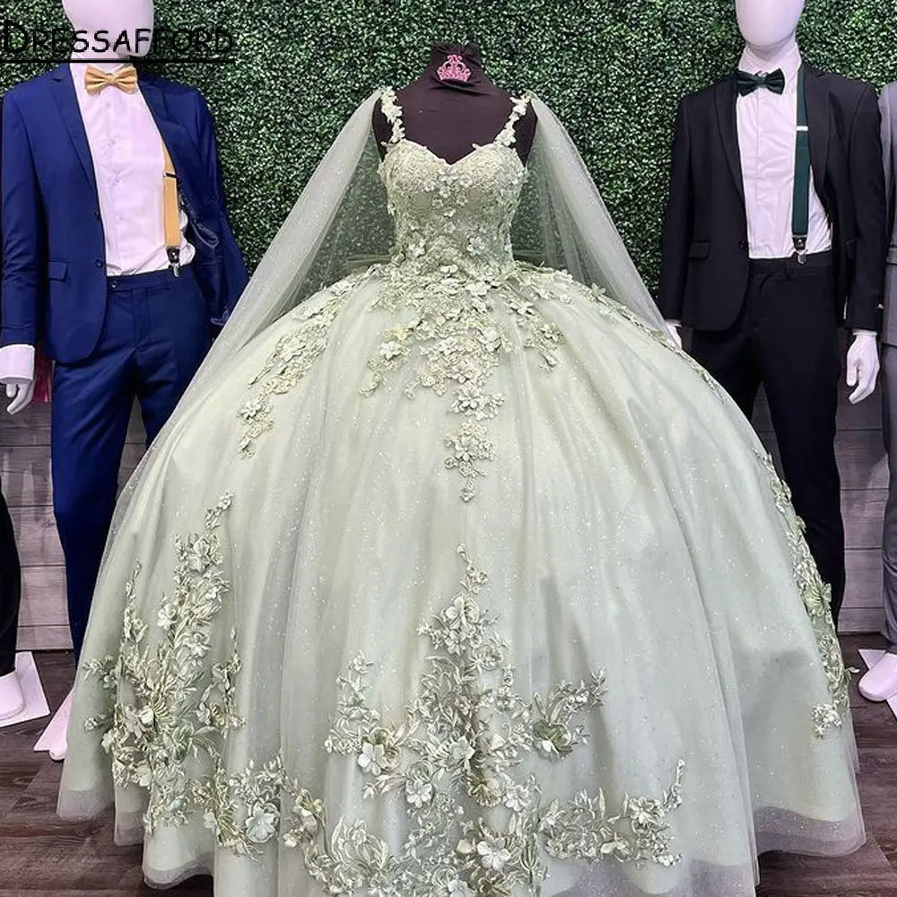 Vestido De quinceañera verde menta con tirantes finos, vestido De baile con capa, apliques De flores en 3D, corsé De encaje, 15 Vestidos De XV Años