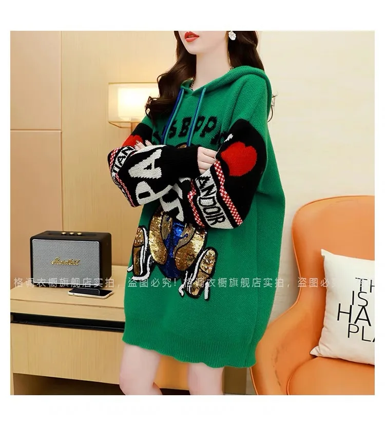 Hsa 2023 Autumn Winter Women O-neck Cartoon Bear Sweater Patchwork Harajuku Korean Style Oversized Cute Long Sleeve Pullover