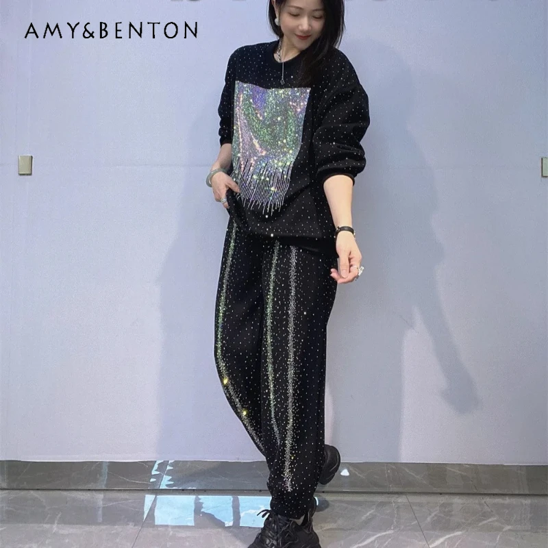 

Unique Design Casual O-Neck Loose Rhinestone Hoodies Suit Women's Sweatshirt Set Women's Autumn Winter Sportswear Two-Pieces Set