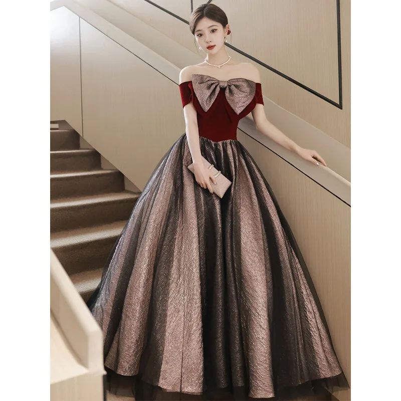 2025 New Women's Summer One Shoulder Wine Red Wedding Evening Dress Fashion Engagement Bow Decoration Grand Banquet Long Dress