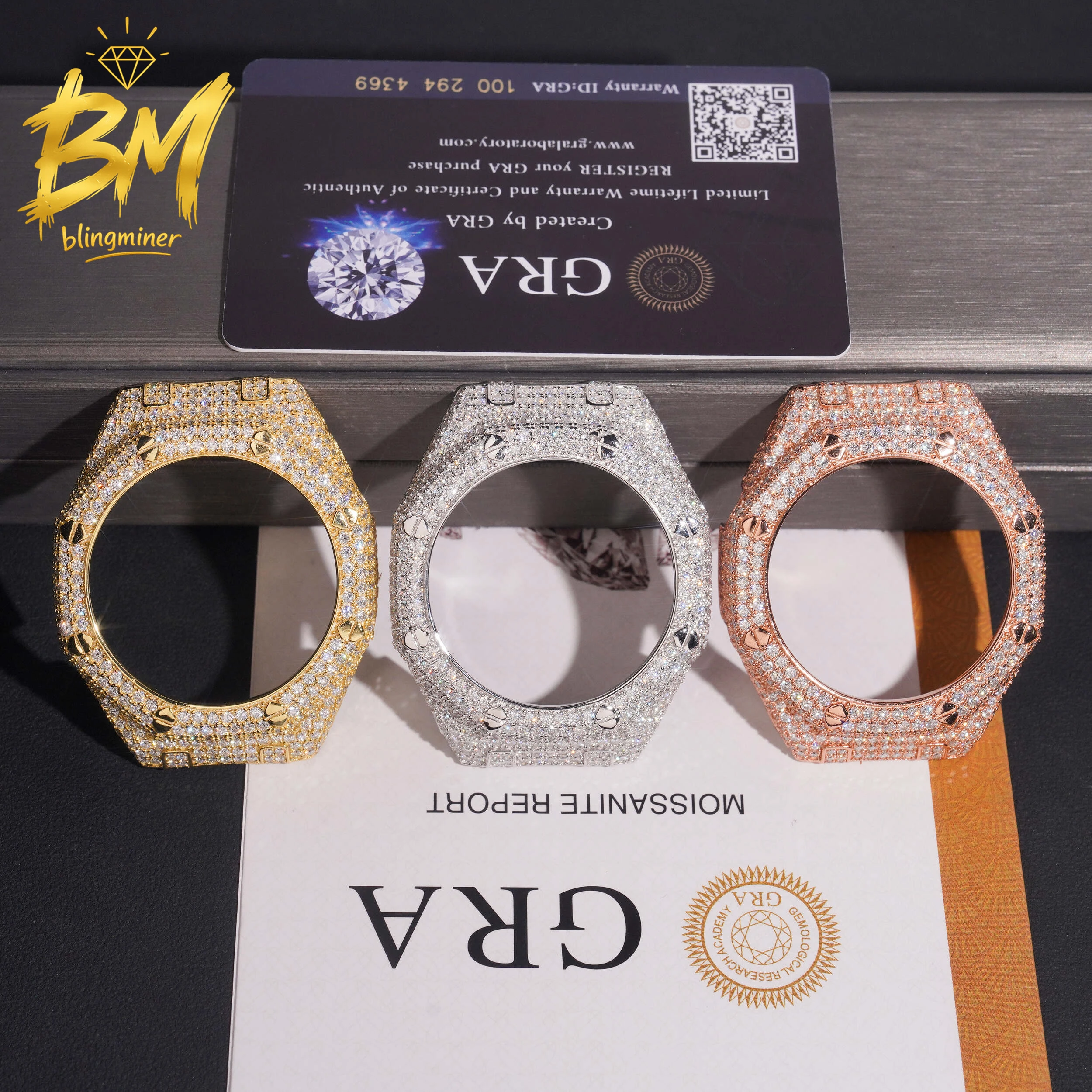 Blingminer CAS** GA2100 VVS Moissanite Watch Case  Brass Can Pass Diamonds Tester With GRA Wrist Diamonds Case Free Shipping