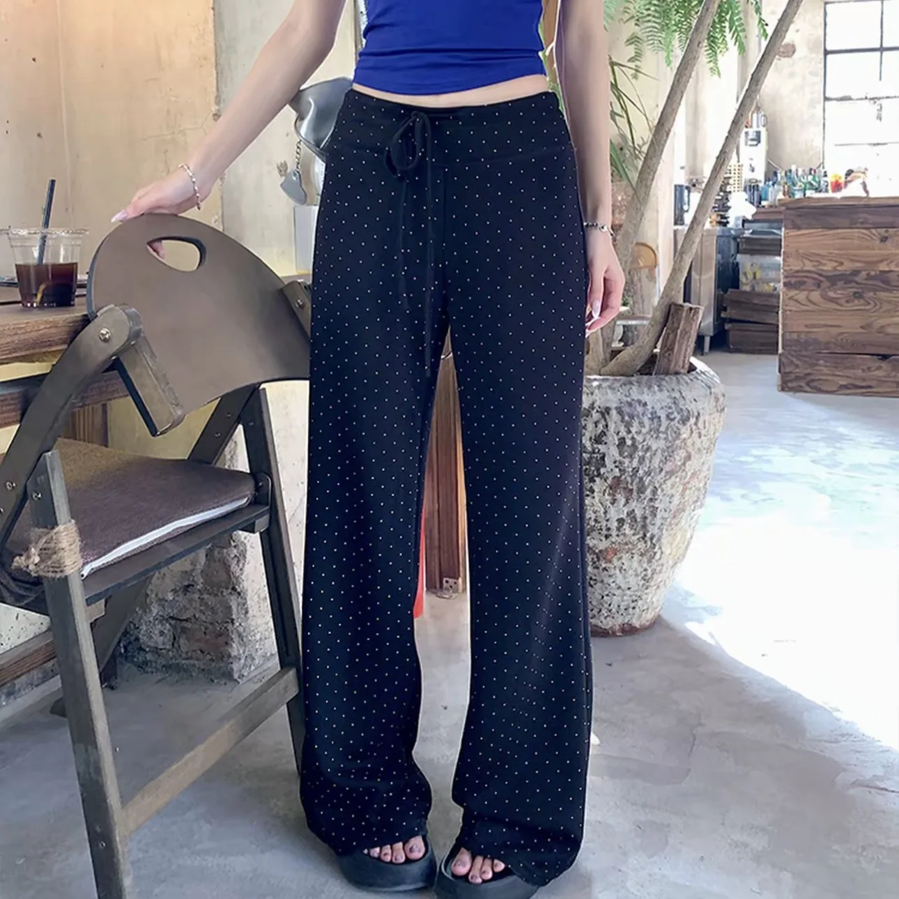 2026 Summer New Polka Dot Wide-leg Pants Women's High-waisted Straight Casual Trousers
