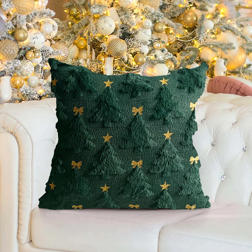 Christmas Throw Pillow Cover 45X45cm Christmas Tree Pattern Green Pillowcase Soft Plush Faux Wool Cushions for Home Sofa Couch