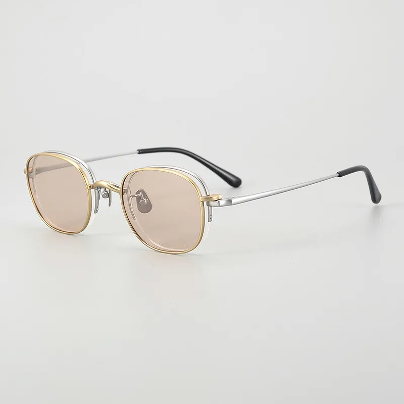 Japanese Handmade Semi-rimless Titanium Eyeglasses Man With Magnetic Clip Vintage Sunglasses Square Gold Glasses Frame Women