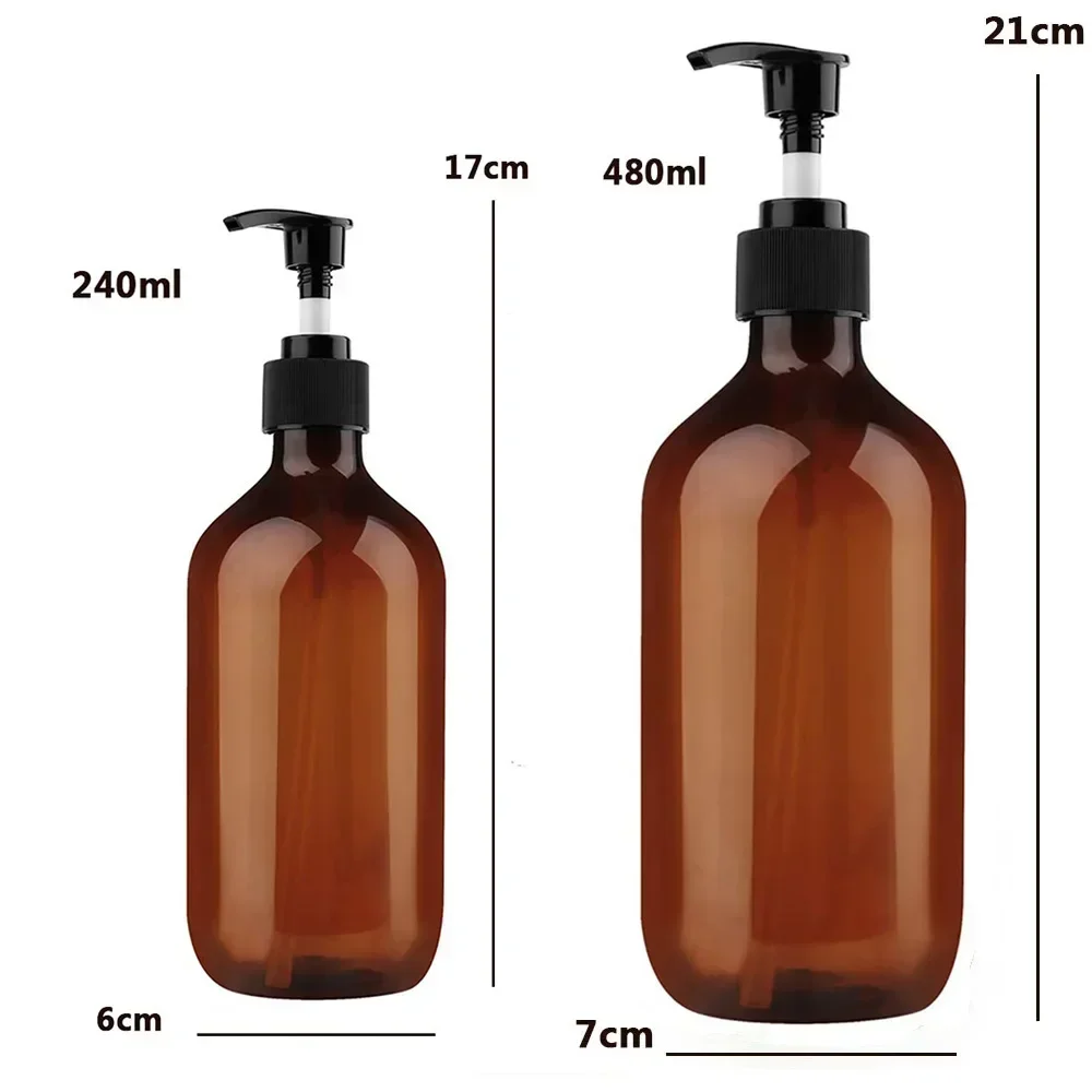 240ml/480ml Pump Empty Bottle Dispenser - Amber Glass Soap Dispenser, Shampoo and Conditioner Dispenser Bathroom Accessories