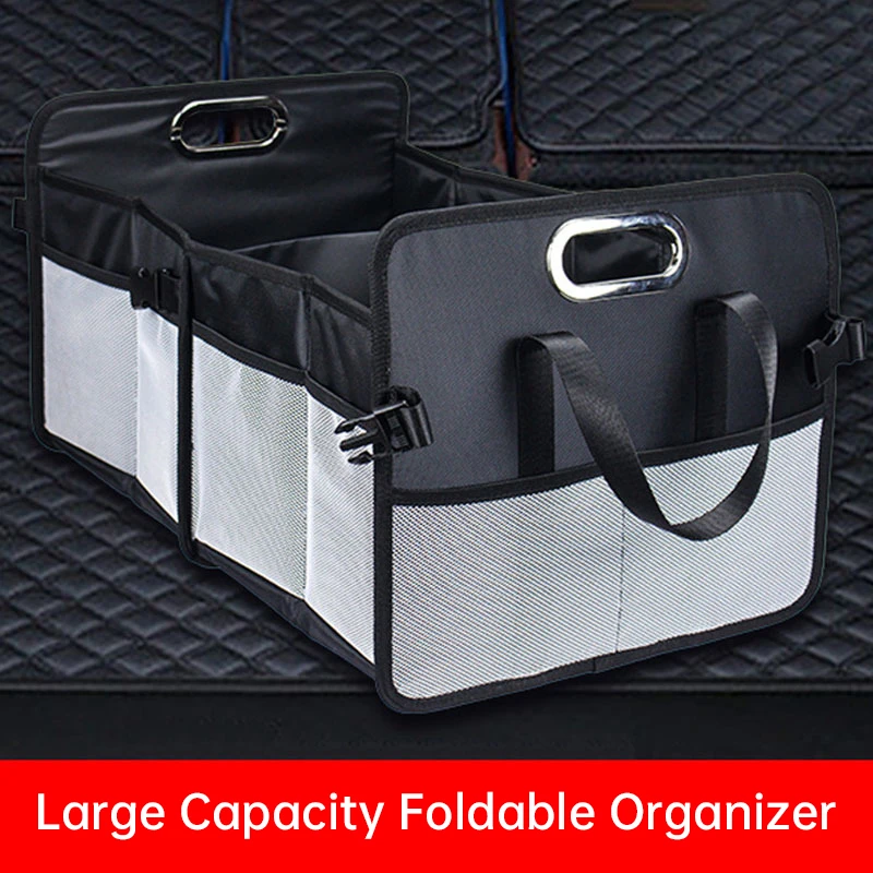 

Car Trunk Black Collapsible Storage Box 2 Big Compartment Multi Pockets Using Oxford cloth material 2 Adjustable Securing Straps