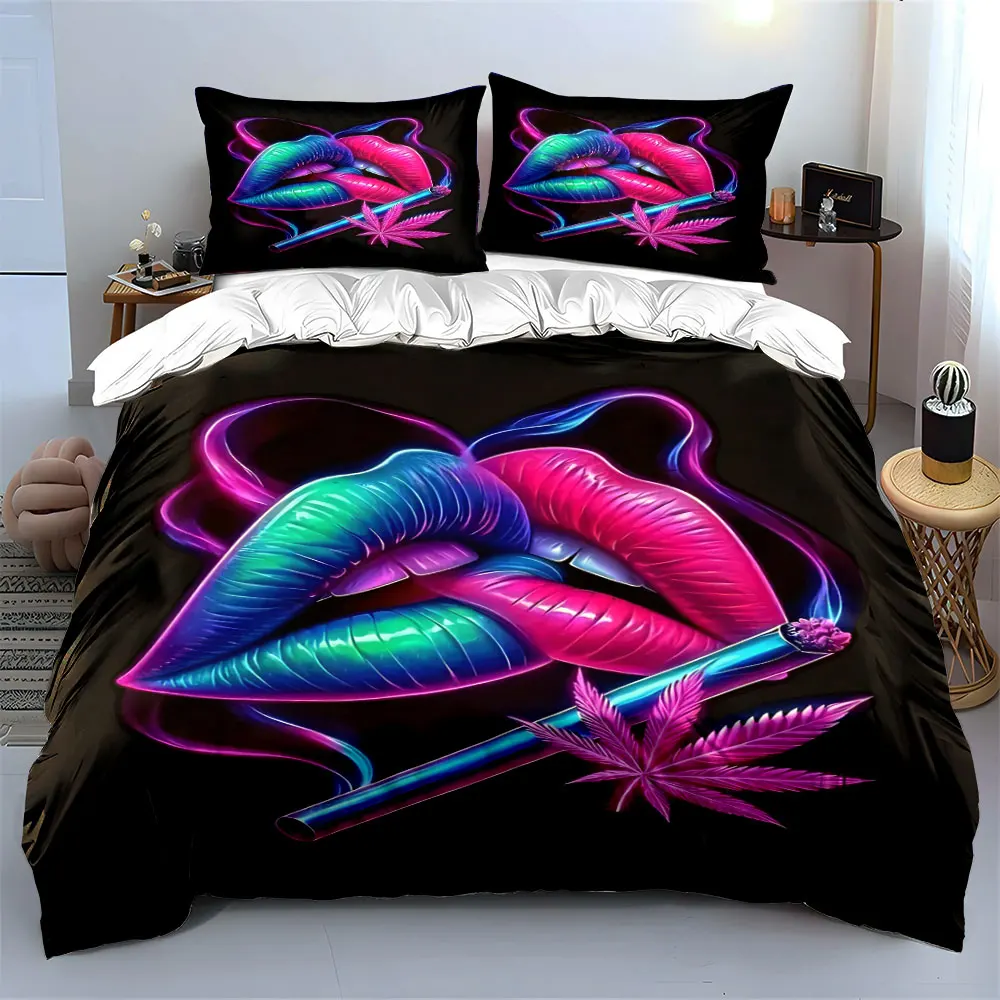 Neon Lips with Cannabis Leaf Bedding Set for Kids Luxury Gift 3pcs Digital Print Comforter Set Soft Comfortable Breathable