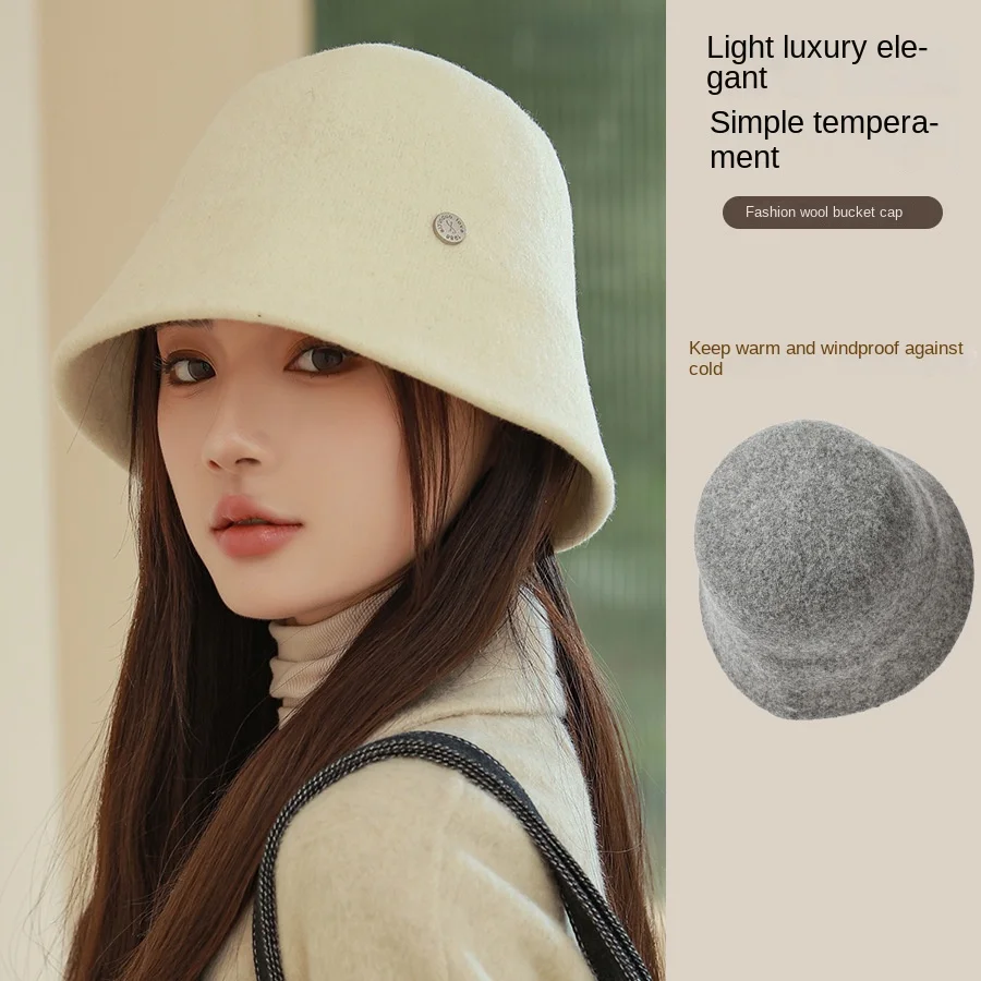 Fisherman Hat Women  Winter High Grade Wool Basin Hat Elegant Show Face Small Wide Rim Basin Cap High Grade Feel Bucket Hats