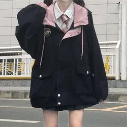 Japanese Preppy Style Oversize Women Jk Loose Sweet Kawaii Outerwear Long Sleeve Harajuku Hooded Coats Y2k Black Cargo Jackets