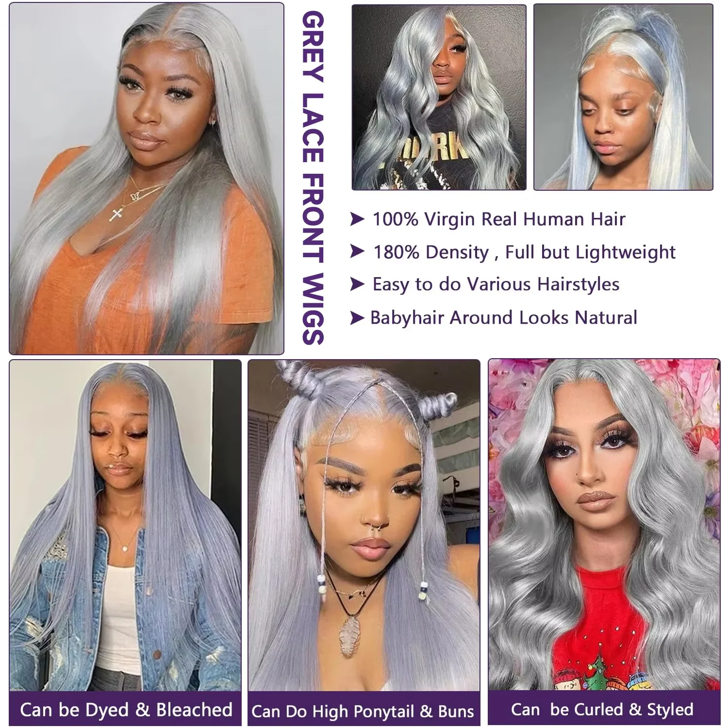 Silver Grey Brazilian Human Hair Wig 13X6 HD Transparent Lace Front Pre Plucked 28 32 Inch 180% Density Body Wave Wigs For Women image 4