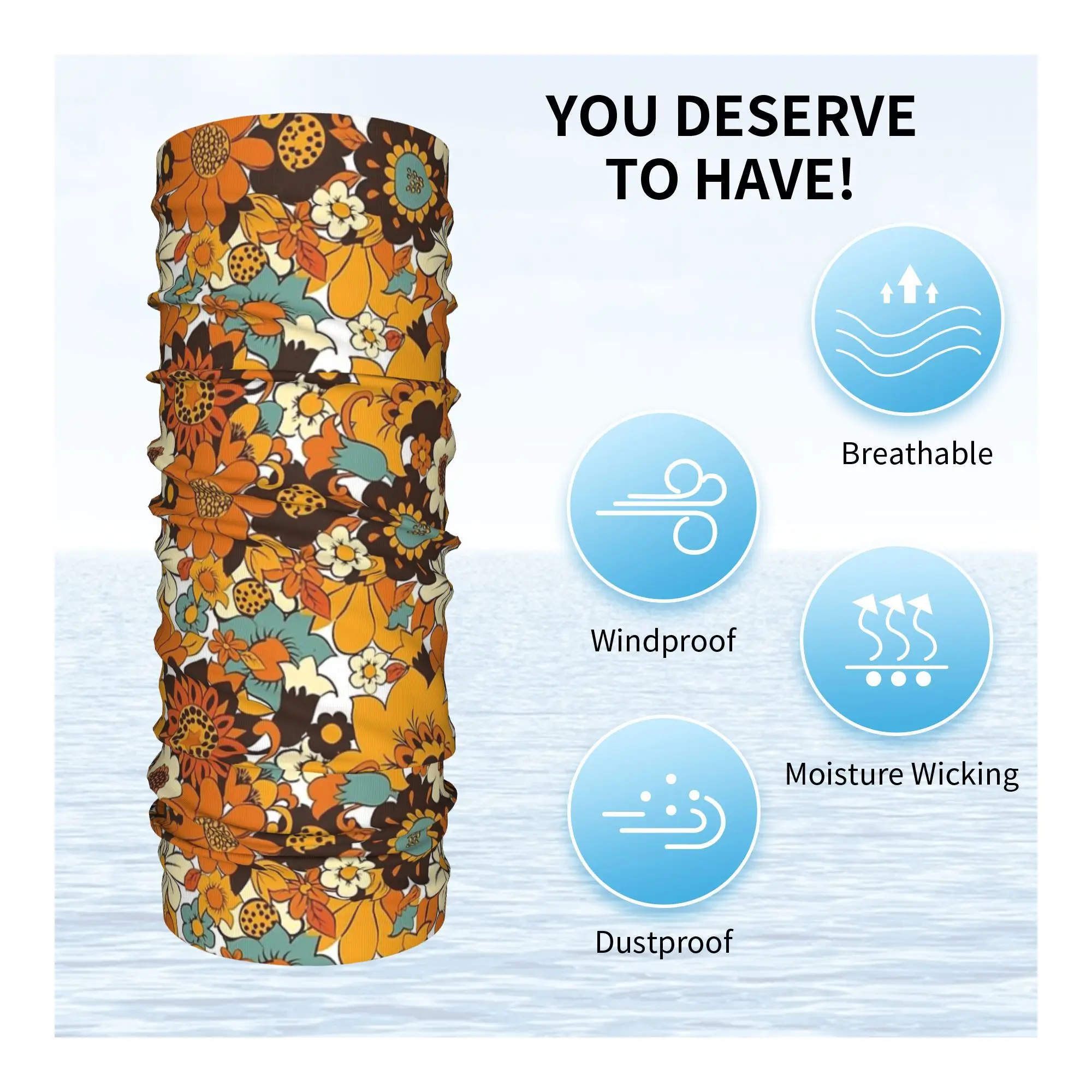 70 年代 60 年代レトロフラワーパワー、花柄バンダナネックカバープリントラップスカーフ多機能ヘッドバンドランニングユニセックス大人