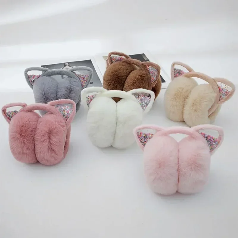 Earmuffs de pele de coelho falso infantil, gato fofo, cobertura de ouvido de pelúcia quente, inverno