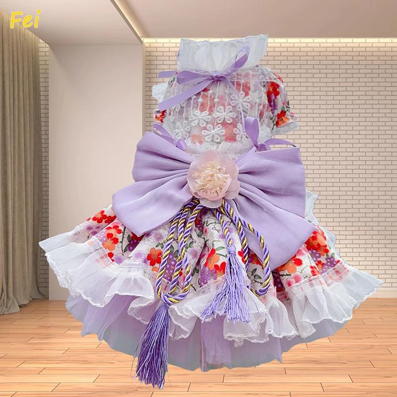 

Handmade Princess Dog Dress: Floral Embroidery Organza Bow Gala Gown, Adjustable Chest for Poodle Bichon