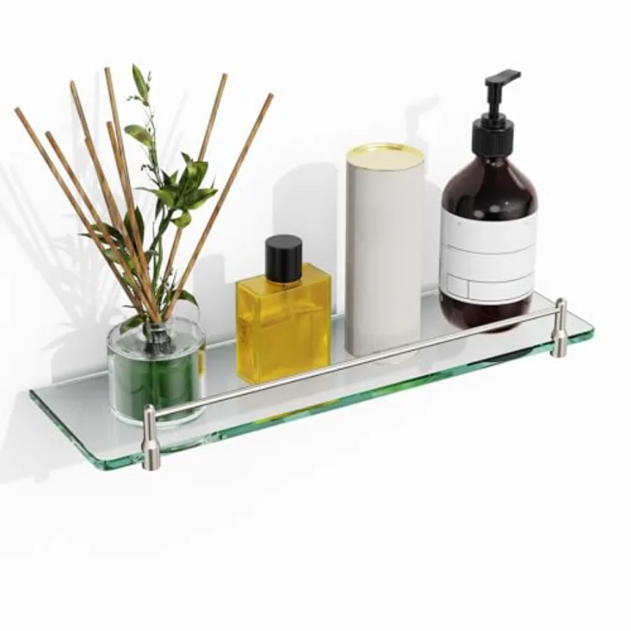 

Glass Bathroom Shelves Brushed Nickel Floating Shelves for Wall Rectangular Modern Stainless Steel Glass Shelf for Bathroom Wal