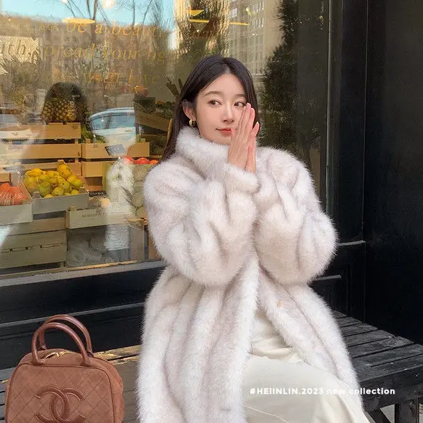 

Leather Imitation Fur Fur Coat Made of Fox Fur Winter Standing Collar New Model Mid-length Style Elegant Thick and Fluffy Coat