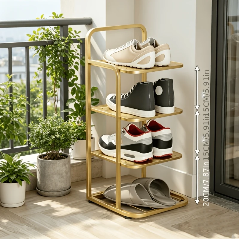 Narrow vertical shoe rack for the entryway—slim metal organizer available in 4, 6, or 8-tier options;freestanding unit ideal .