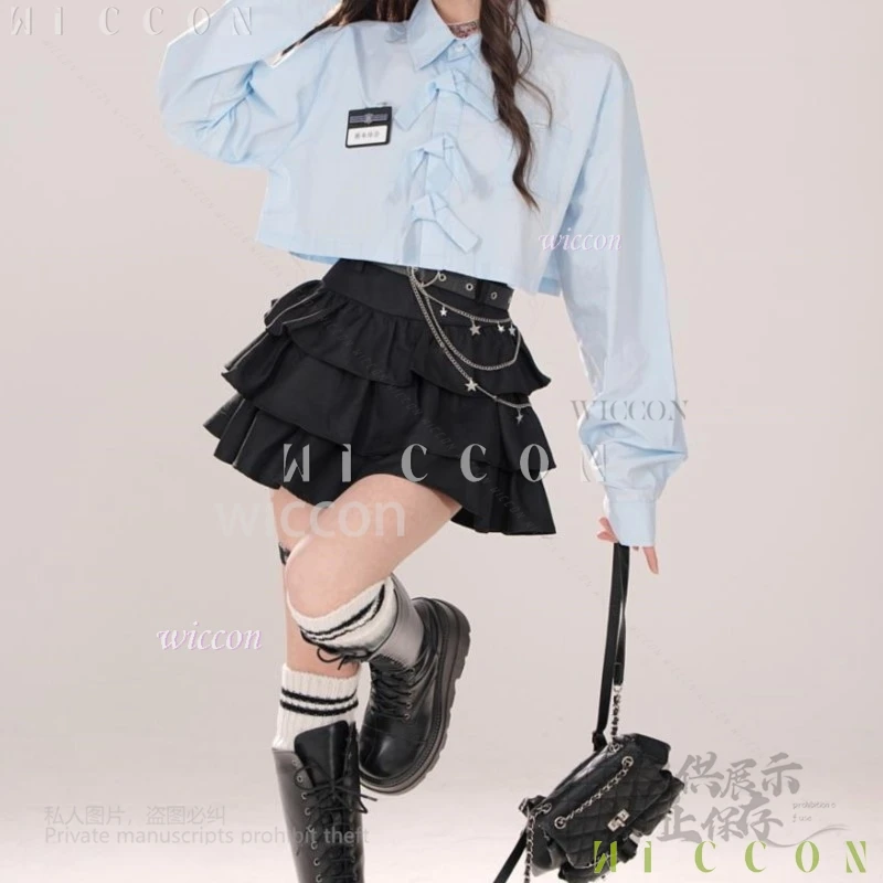 Черная юбка в стиле аниме 2025 Y2k Jirai Kei для девочек, готическая корейская одежда средней длины, короткая юбка, универсальная милая пышная юбка, высокое платье-u
