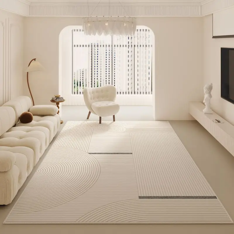 VIKAMA French Cream Striped Rug Machine Washable Living Room Carpet Neutral Toned Bedroom Decorative Rug Cozy Home Decor