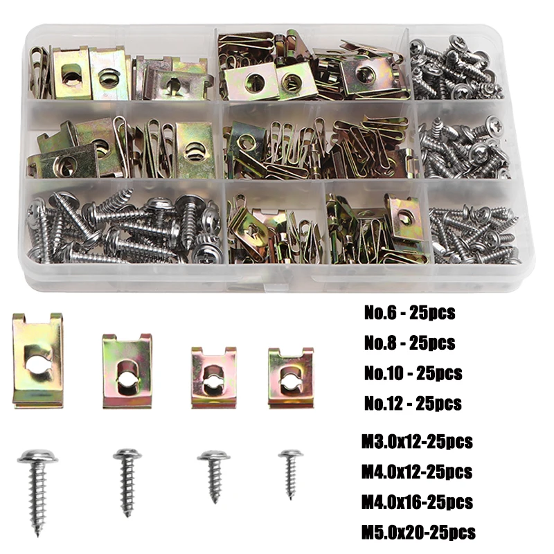 

200pcs U Nuts Speed Clips Car Fixed Self-tapping Screw Metal U-Type for Fender Bumper Leaf Board Auto Fastener Metal Clips Box