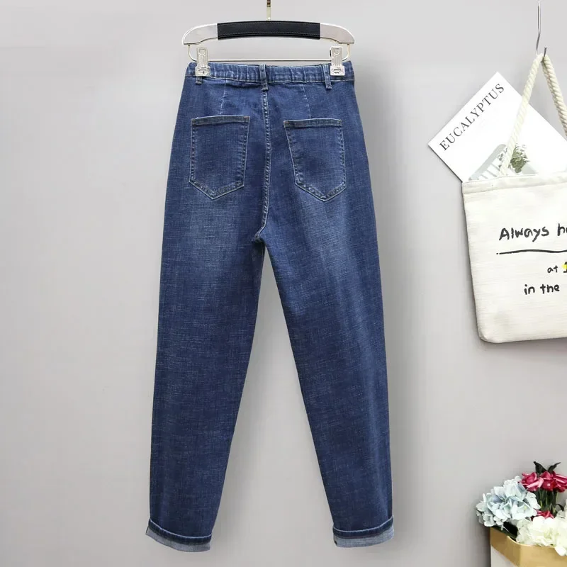 Lente Herfst Grote Maat Jeans Vrouw Hoge Taille Baggy Jeans Voor Vrouwen Elastische Katoenen Denim Harembroek Mom Jeans