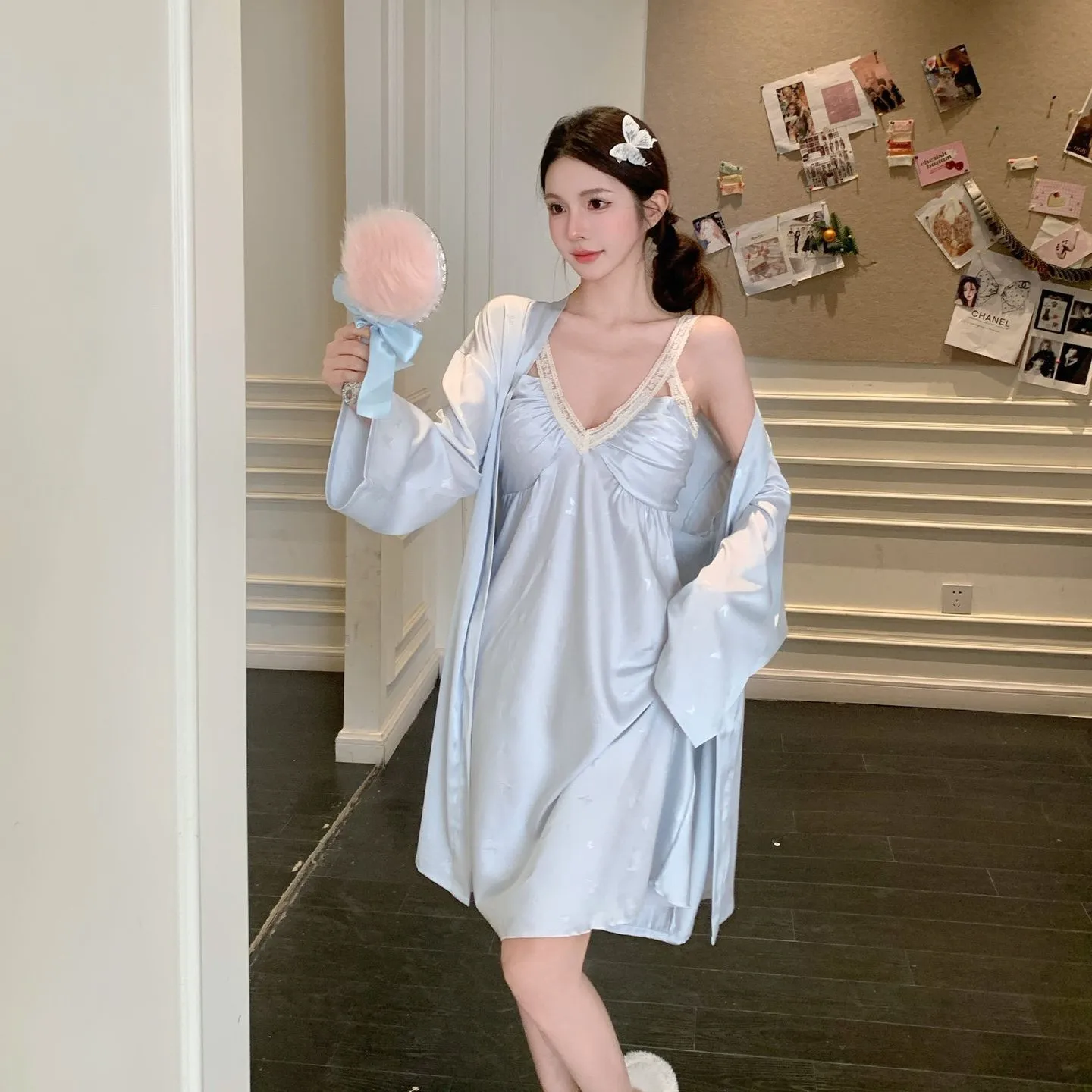 หญิงเสื้อคลุมอาบน้ํา Nightdress ชุดซาตินบ้าน Jacquard ซาติน Robe ชุดนอน V คอชุดนอนสวมใส่