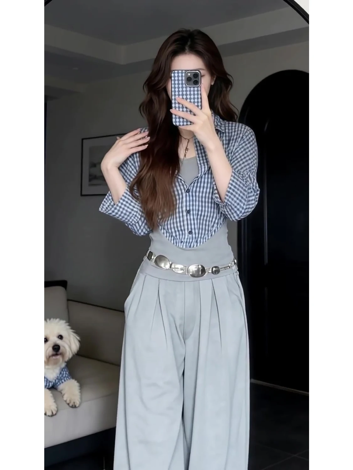 

Spring New Sle Korean ey Splice Slimming ort irt Women's Unique Beautiful Slim Fit Blouse Faionable Collar