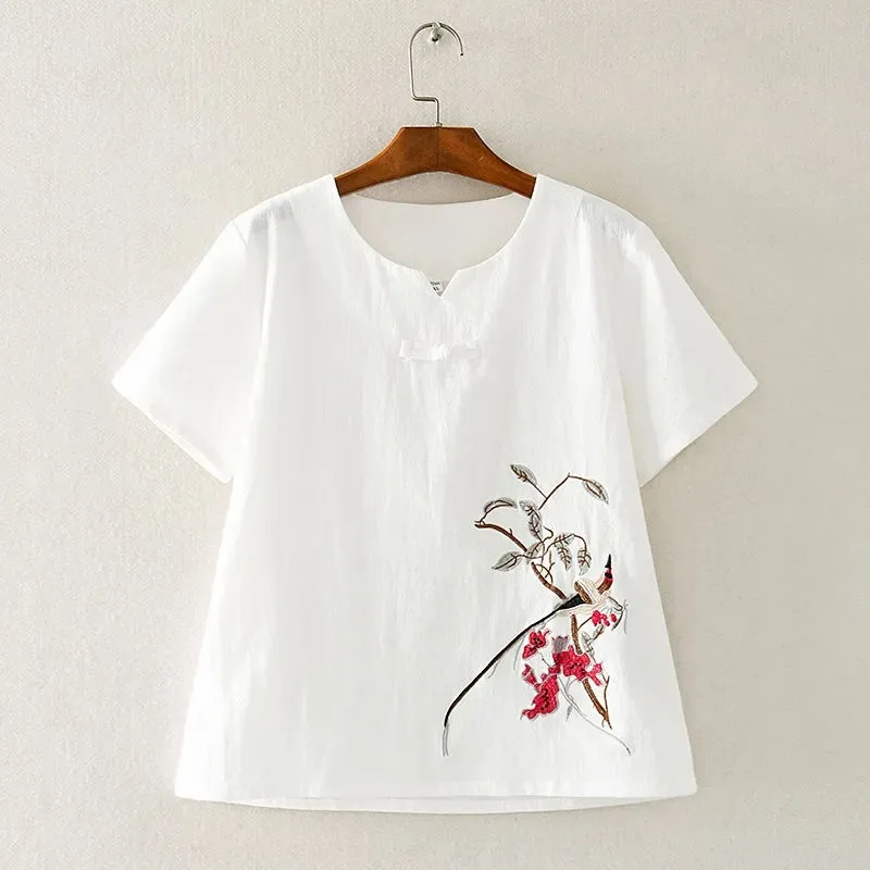

Women's White Linen Cotton Short Sleeve Blouse Bird Floral Embroidery Frog Closure Chinese Style Casual Top