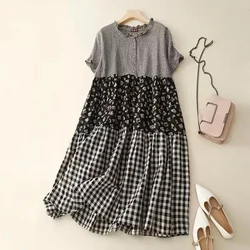 2023 Summer New Arts Style Women Short Sleeve Loose Casual O-neck Dress Patchwork Plaid Vintage Cotton Linen Dresses