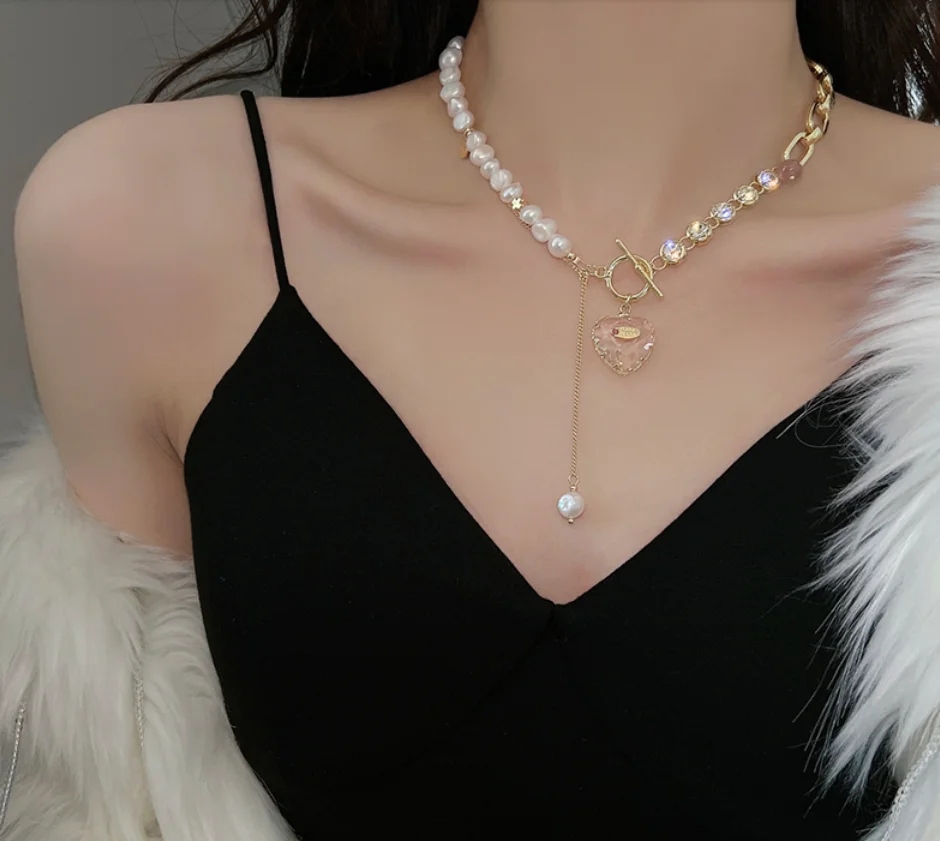 Crystal heart Pendant irregular high imitation pearl chains necklaces for women simple fashion jewelry