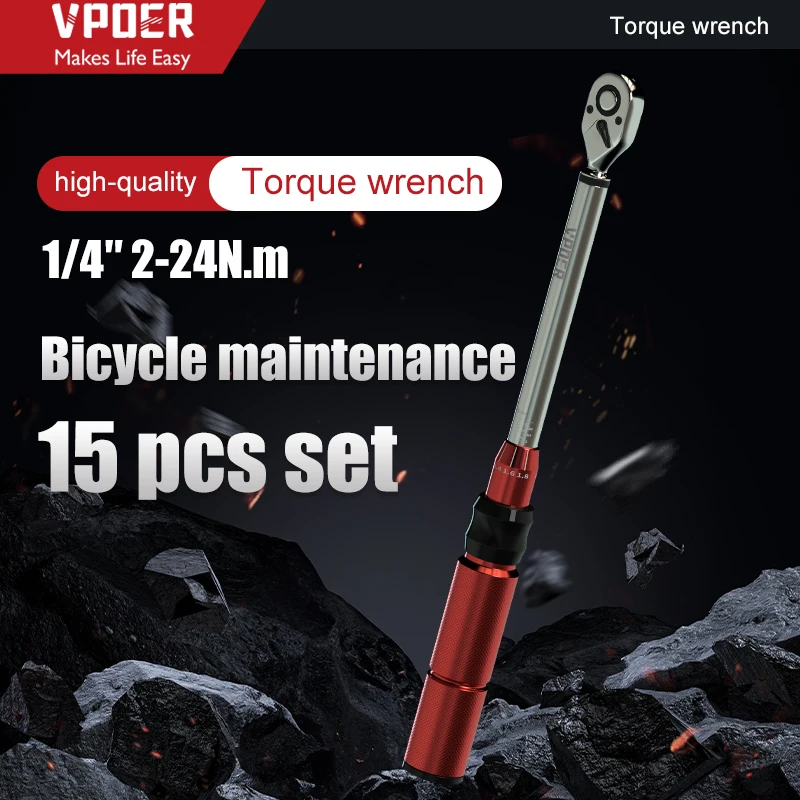 1/4 inch Torque Wrench Set for Bike 2-24 Nm Bicycle Tool Kit 15PCS Hex, Torx/Star Bit Sockets, Extension Bar