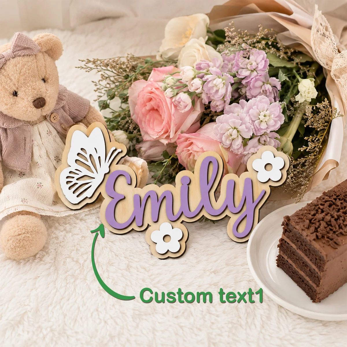 1pc personalized double-layer wooden surname brand, customizable name, butterfly and flower shapes, home decoration, gifts