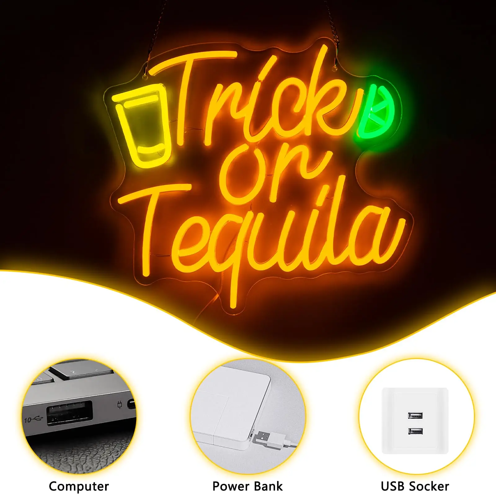 할로윈 벽 장식용 트릭 오어 테킬라 네온사인, 침실 바 맨케이브 파티룸 장식용 USB 디밍 스위치, 오렌지 블랙
