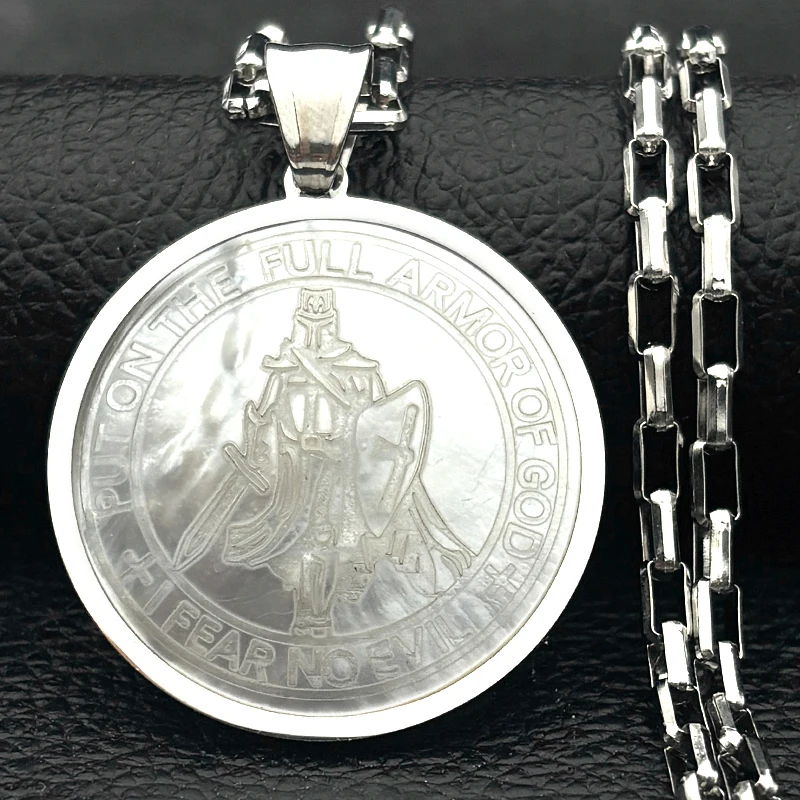

Natural Shell Knight Shield Sword Pendant Necklace for Women Men Gold Silver Color Stainless Steel Christian Bible Jewlery Gift
