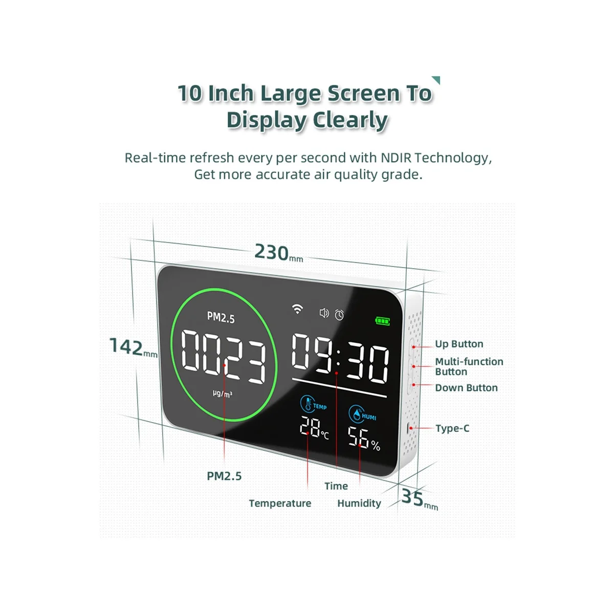 

4 in 1 PM2.5/Temperature/Humidity/Time Display Air Quality Monitor 10 Inch LED Screen Full Display