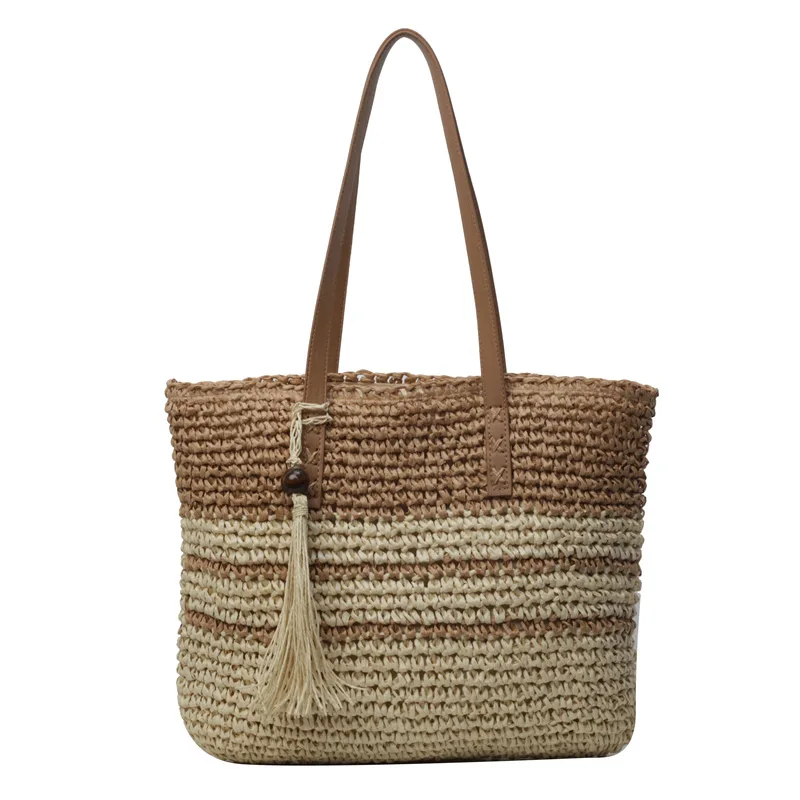 Повседневная полосатая Соломенная Сумка-тоут с кисточками, бумажные плетеные женские сумки на плечо, летняя пляжная сумка ручной работы большой емкости