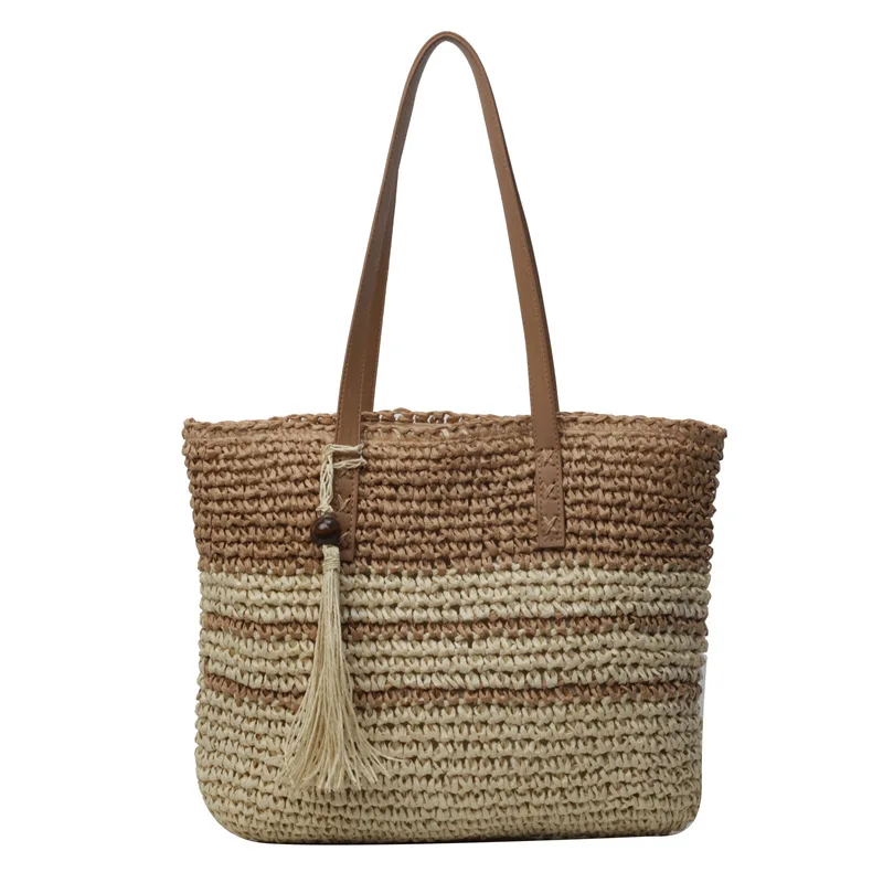 Bolso de mano de paja con borla a rayas para mujer, bolsos de hombro tejidos de papel hechos a mano, bolso de playa de verano, monederos Shopper de gran capacidad