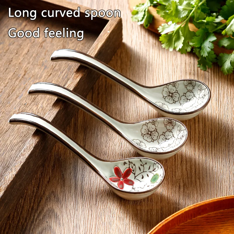 8Pcs Retro Ceramic Soup Spoon Arc Handle Grip Sensation Comfortable Household Tableware Set Japanese Style Ceramic Soup Spoon