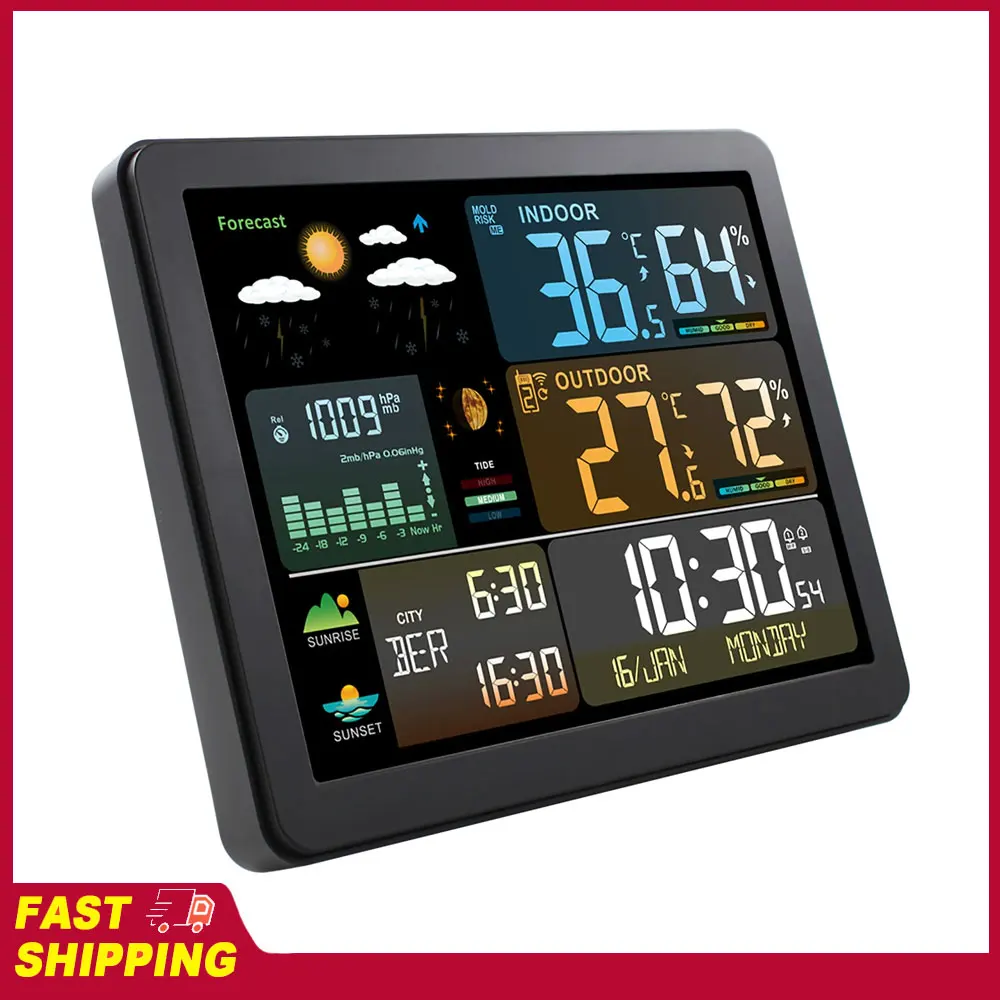 Reloj Meteorológico Multifuncional con Pantalla a Color Grande, Estación Meteorológica Inteligente con Reloj, Medidor de Temperatura y Humedad Interior y Exterior