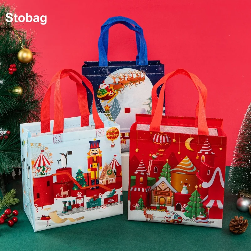 

StoBag 12pcs Merry Christmas Non-woven Tote Bags Fabric Cloth Waterproof Gift Candy Package Storage Reusable Pouch Party Favors