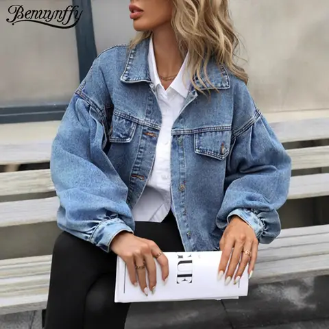 Benuynffy 2025 outono vintage lanterna manga denim jaqueta feminina casual streetwear único breasted solto curto jean jaquetas