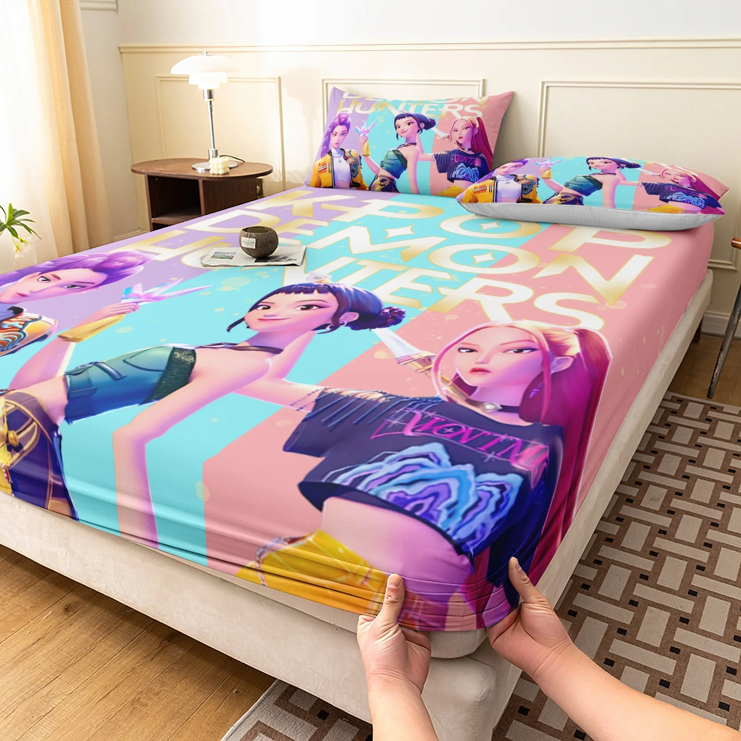 مجموعة ملاءات مكونة من 3 قطع من K-Pop Demon Hunters، ورقة واحدة مجهزة و2 كيس وسادة، نسيج ناعم مسامي، شخصيات كرتونية،