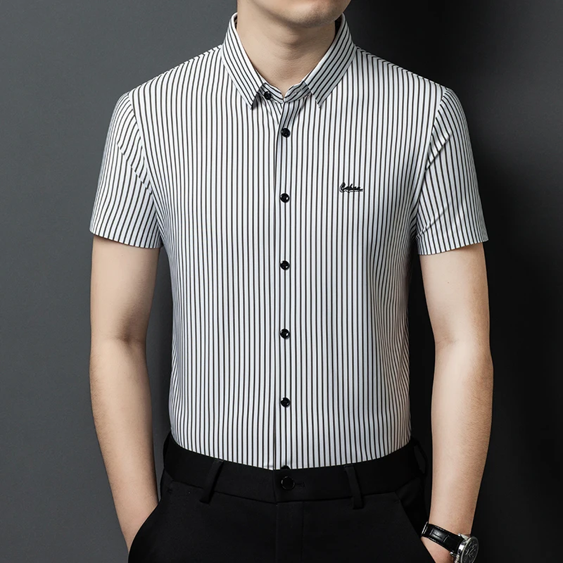

Rivets Striped Shirts For Men Short Sleeve Seamless Coolness Summer Quality Silky Comfortable Yarn Dyed Casual Camisas De Hombre