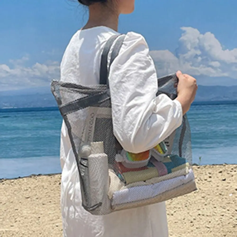New Mesh Shoulder Bag Large Capacity Hollow Beach Bags Multifunctional Transparent Makeup Storage Bag Women