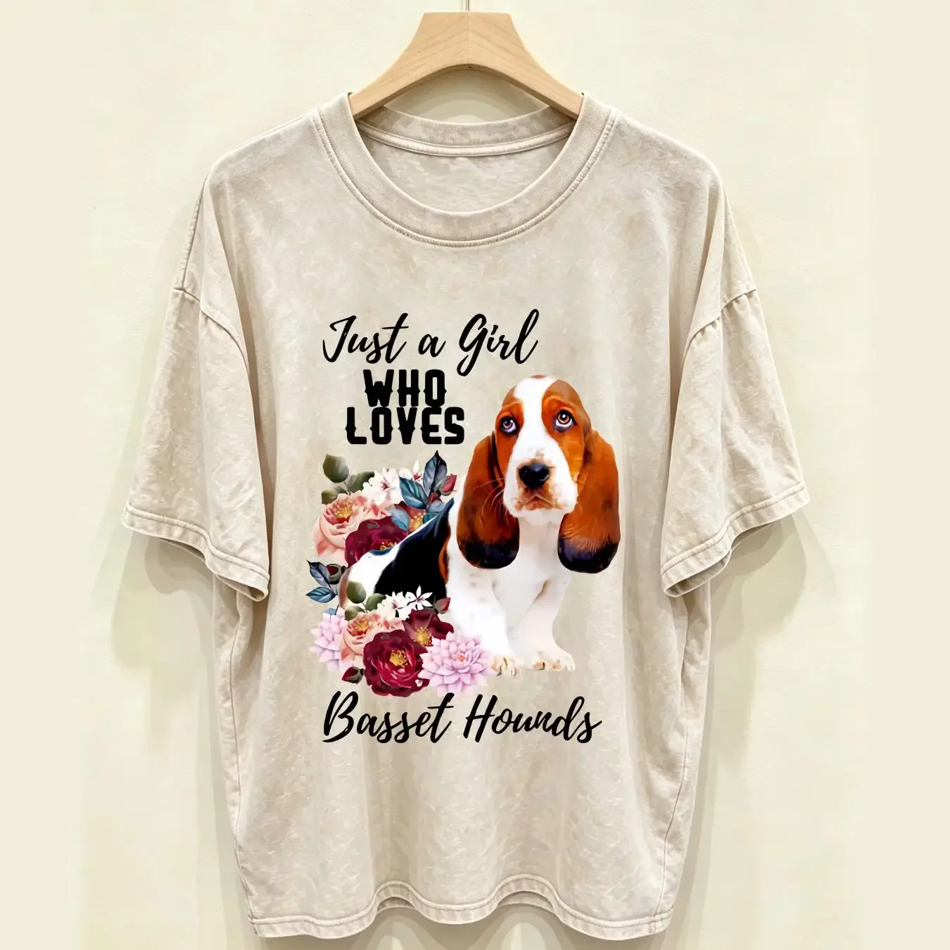washed T Shirt Just a Girl Who Loves Basset Hounds Dog Animal Friend Pet Woman long or short sleeves vintage Washed Comfortable