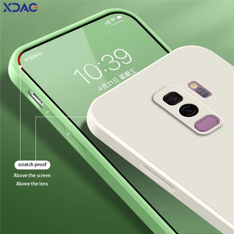 Quadrado líquido silicone tampa traseira para Samsung, câmera protetora, caixa de telefone à prova de choque macio, Samsung Galaxy S9 Plus