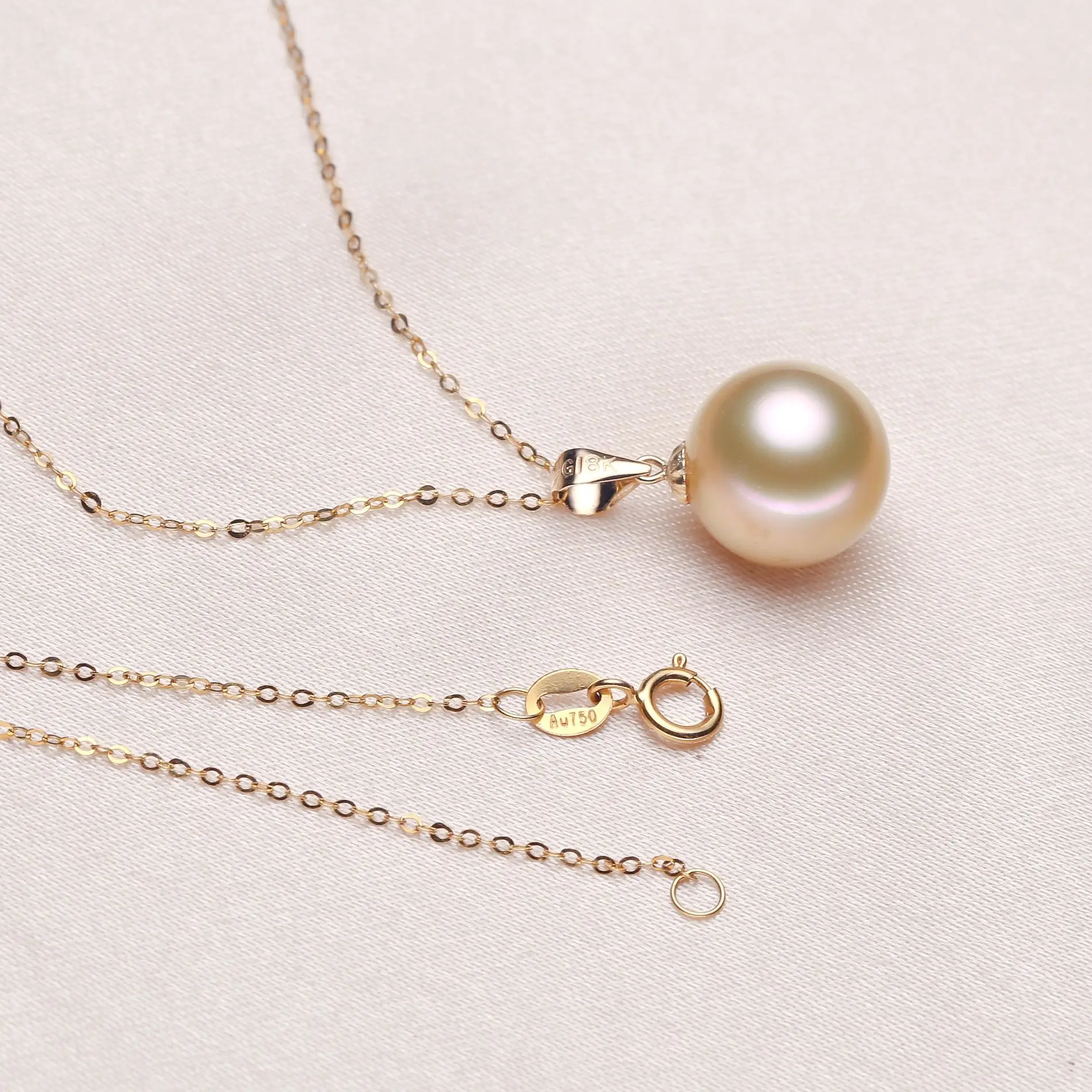 11-13mm Natural Seawater Pearl Pendant Necklace, 18K Gold Perfect Round Natural Color with Certificate