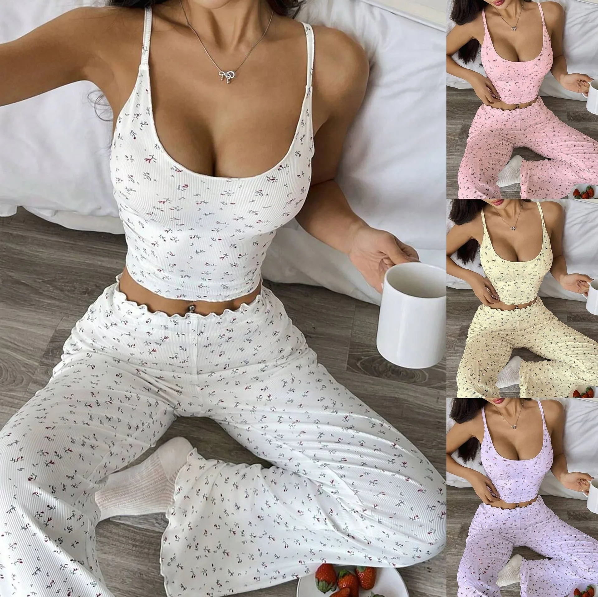 

Комплект для дома: майка с цветочным принтом и леггинсы с высокой эластичностью, слегка расклешенные повседневные брюки в свежем стиле