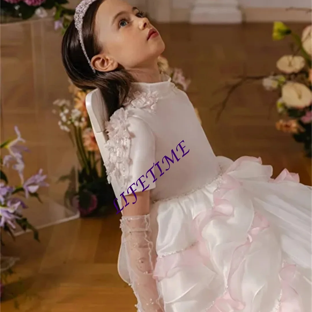 تخصيص الرقبة العالية الطية الكلاسيكية حفل زفاف رسمي زهرة فتاة فستان قصير الأكمام زهرة زين ألف خط التواصل الأول Gow #2